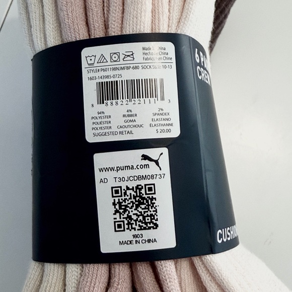 PUMA 6 Pack 6 colors Crew Socks Shoe Size 8-12 NWT - Picture 11 of 12